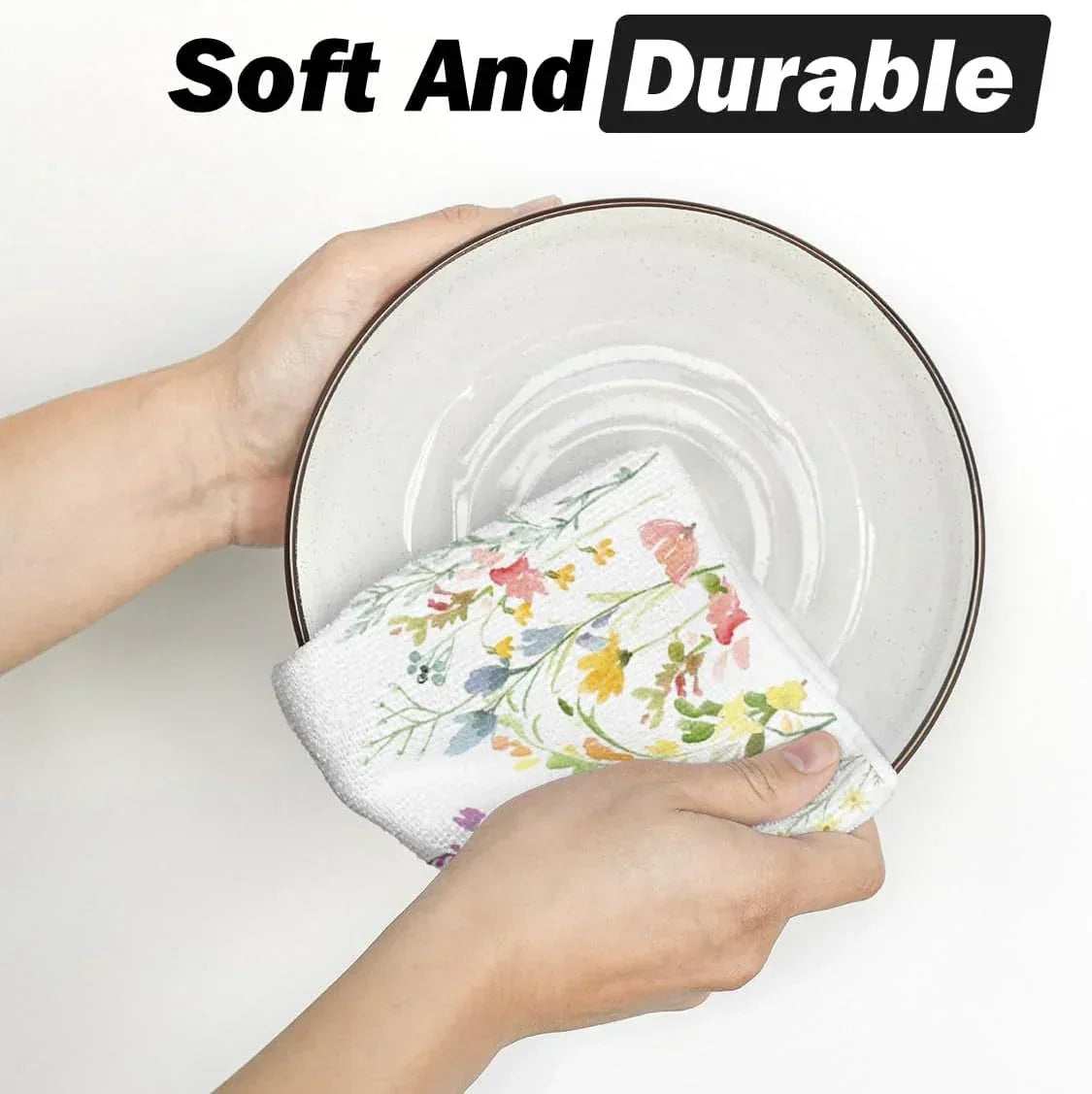 Soft durable floral kitchen towel wiping ceramic bowl, ideal for everyday dish cleaning and kitchen tasks