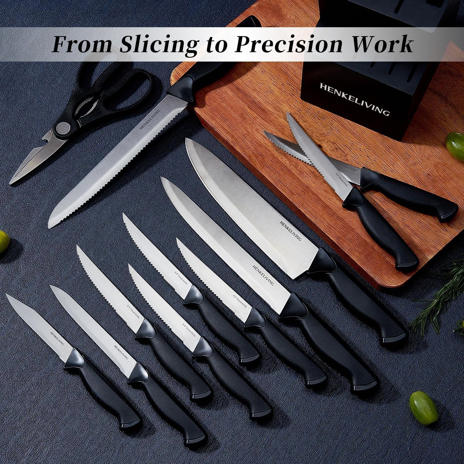 Knife Set, 14-Piece Kitchen Knives Set with Block, German High Carbon Stainless Steel, Ergonomic Non-Slip Handles, Blacksilver
