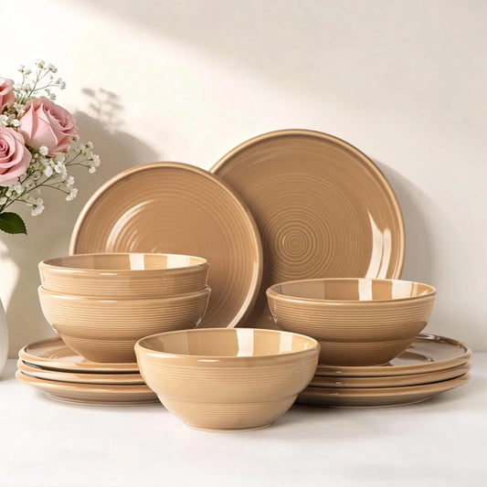 Dinnerware Sets for 4, 12 Piece Stoneware Plates and Bowls Sets, Concentric Textured Design, Scratch Resistant Dish Set, Microwave and Dishwasher Safe, Brown