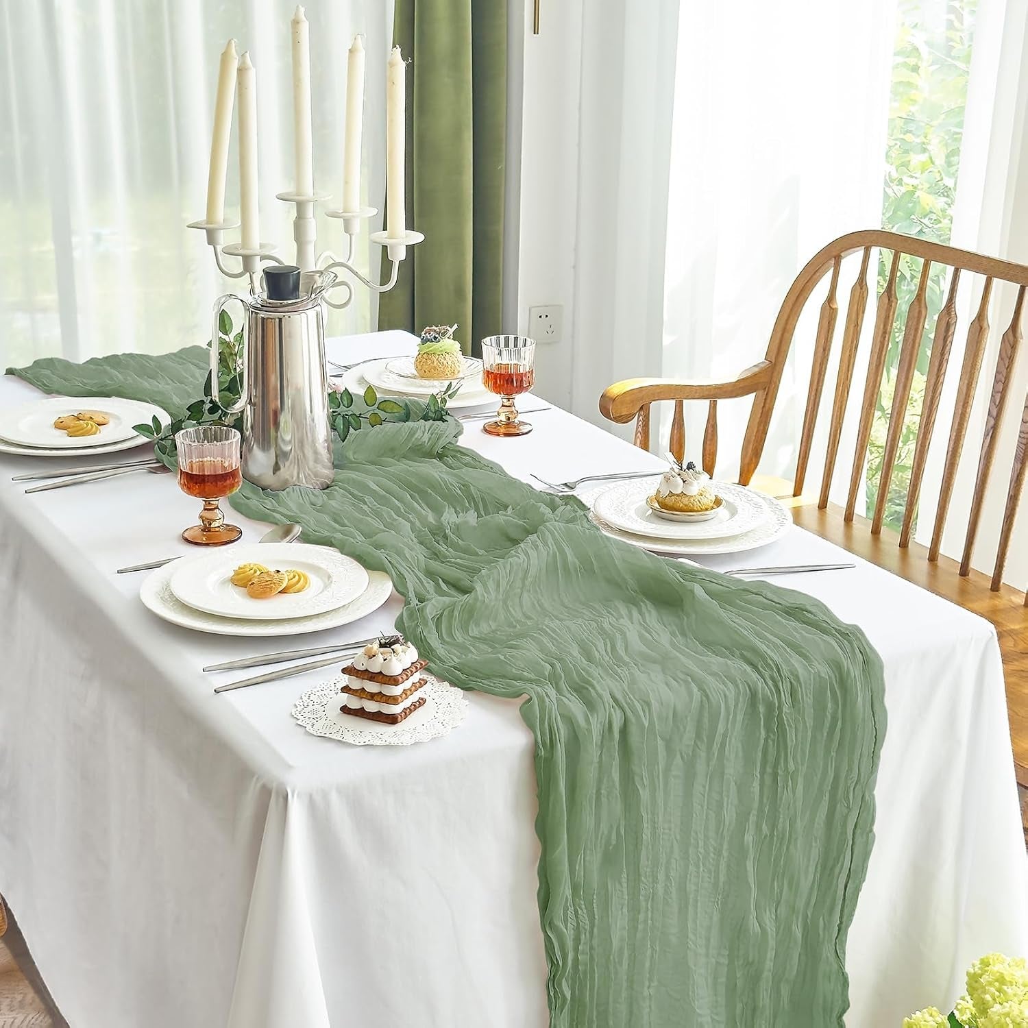 2 Pcs Cheesecloth Table Runner - 10Ft Sage Green Easter Decor Boho Gauze Cheese Cloth Table Runners for Baby Shower Decorations Wedding Party Spring Garden Farmhouse