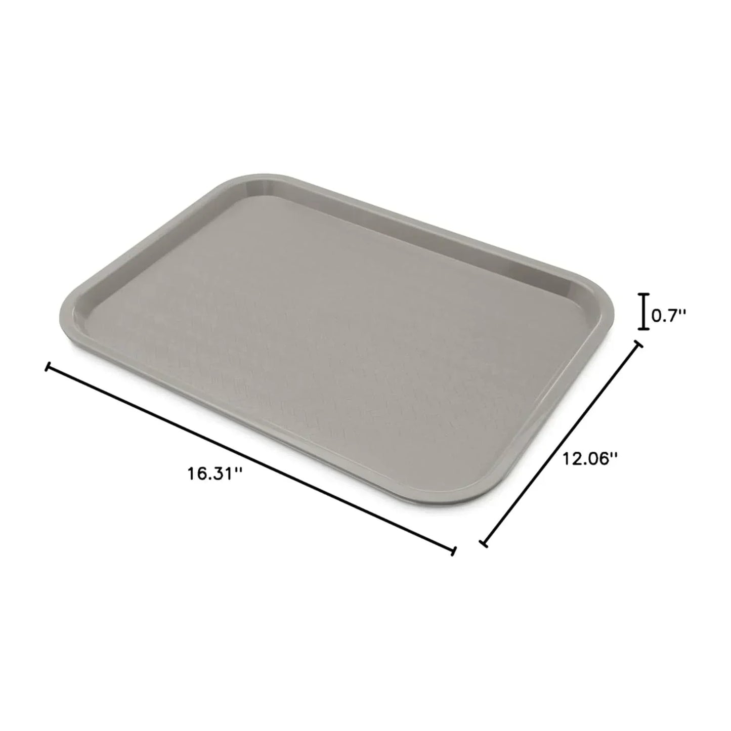 Gray rectangular serving tray with dimensions 16.31" x 12.06" x 0.7" for kitchen organization