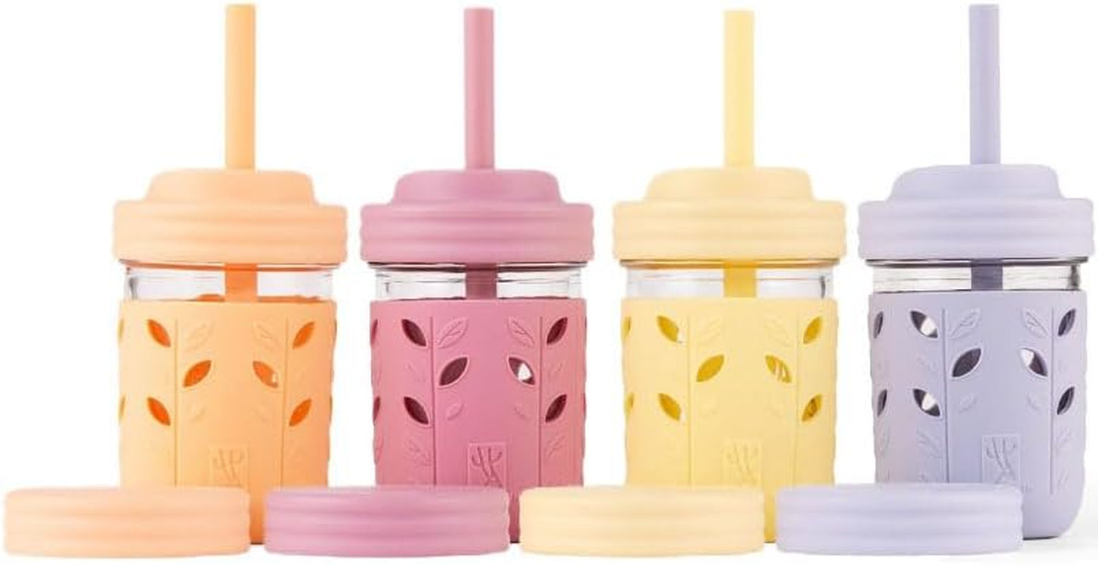 Kids + Toddler Glass Cups | the Original 8Oz Glass Mason Jar with Sleeves + Lids | Silicone Straws + Stopper | Smoothie Cup | Food Storage | Spill Resistant | Dishwasher Safe | 4 Pack