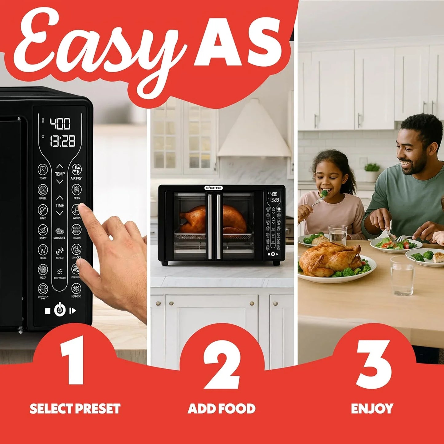 French Door Air Fryer – 25 Qt Large Capacity Convection Oven, Fryforce 360°, Digital Display with 17 Cooking Presets, Bake, Toast, Roast, Dehydrate, Fits 12” Pizza