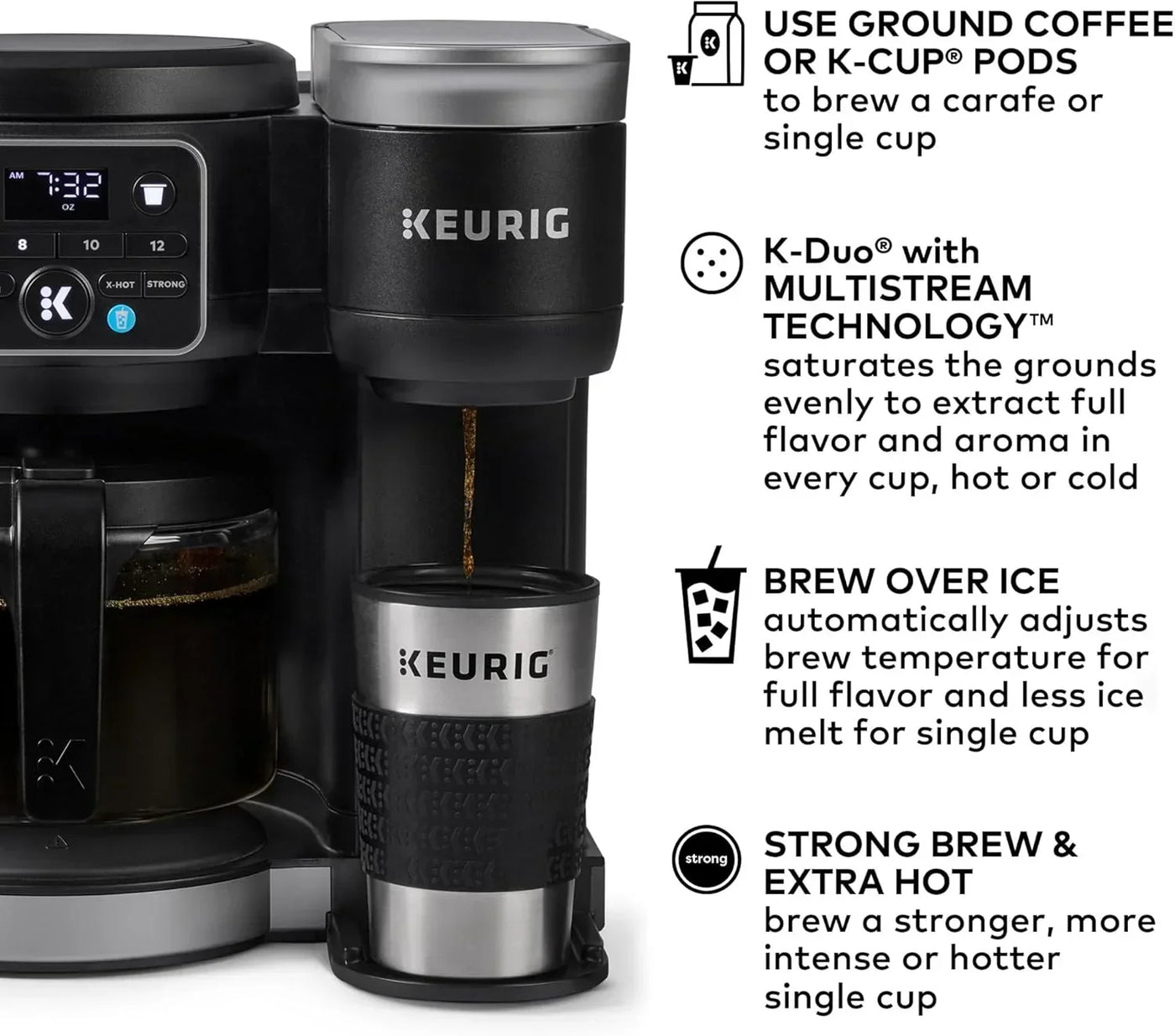 Keurig coffee maker brewing single cup with K-Duo Multistream Technology for hot or iced coffee