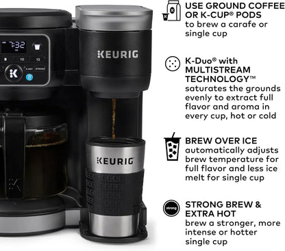 Keurig coffee maker brewing single cup with K-Duo Multistream Technology for hot or iced coffee