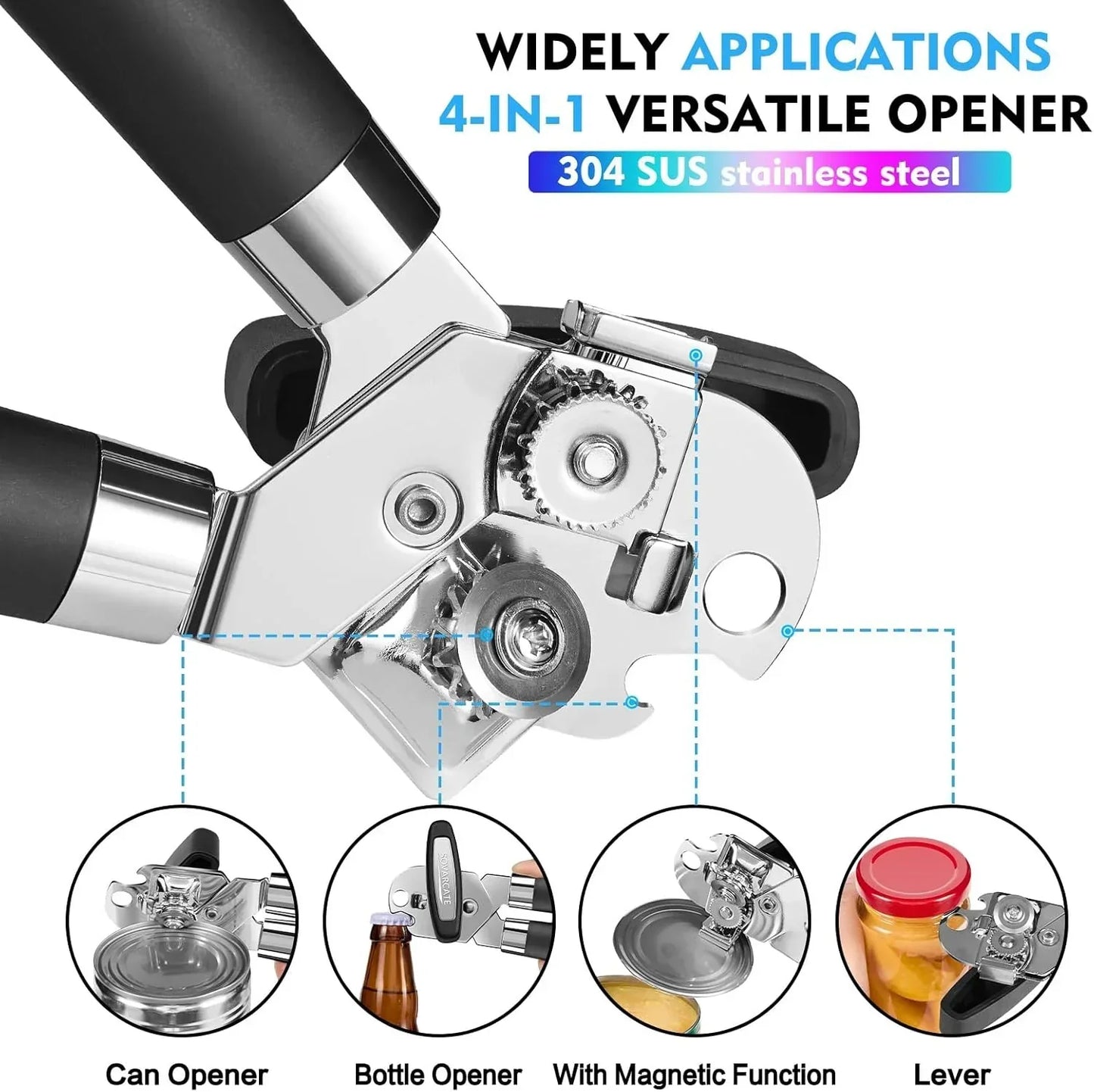 4-in-1 versatile stainless steel can and bottle opener with magnetic function and lever design