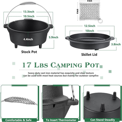 5QT Cast Iron Dutch Oven with Stainless Steel Scrubber,  2-In-1 Pre-Seasoned Camping Pot, Heavy Duty Campfire Pot with Feet for Outdoor Stovetop Griddle Cooking Baking Roasting Stewing