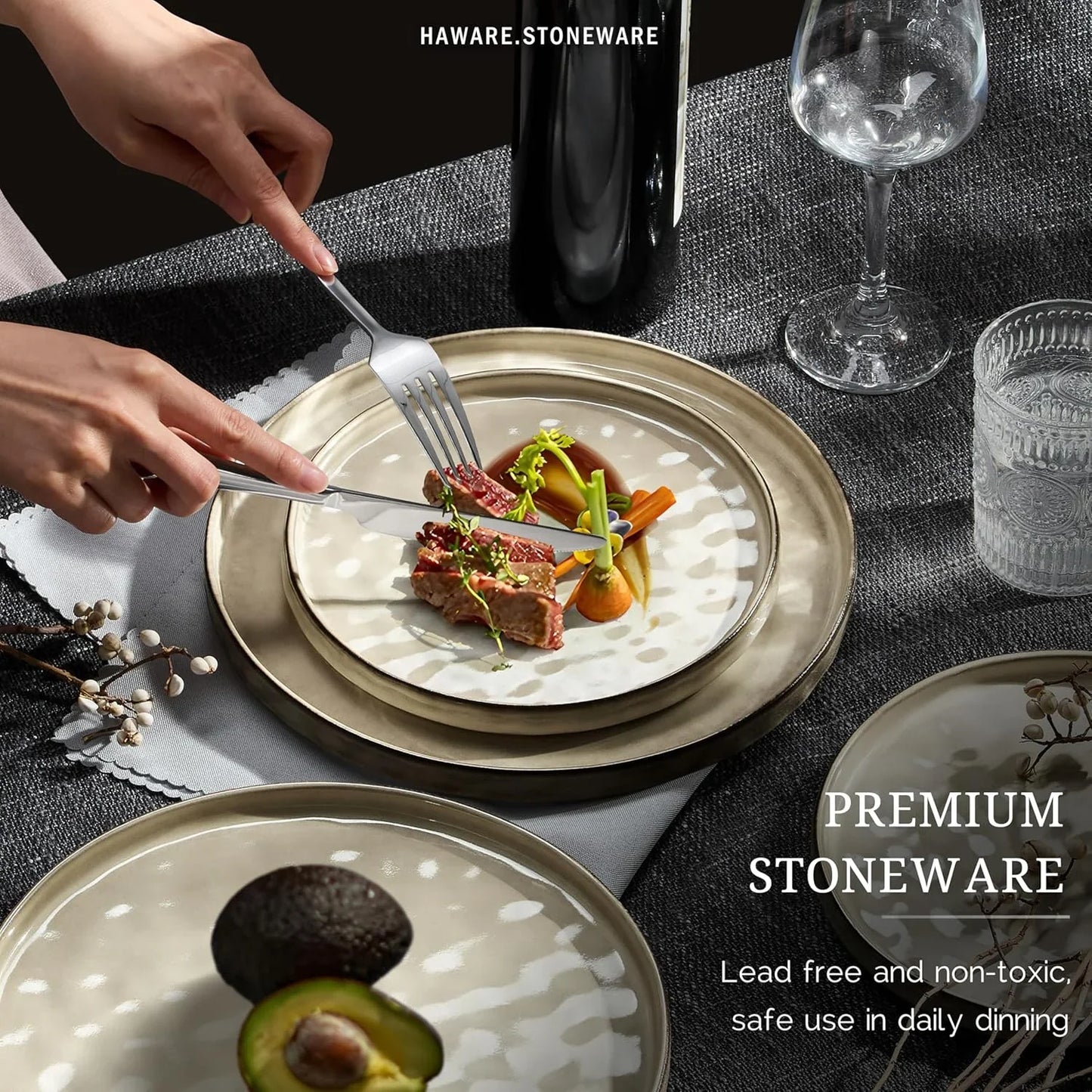 Dinnerware Sets, 12-Piece Plates and Bowls Set, Stoneware Dish Set for 4, Ceramic Dinnerware for Home Restaurant, Chip and Scratch Resistant, Microwave and Dishwasher Safe, Saturn Khaki
