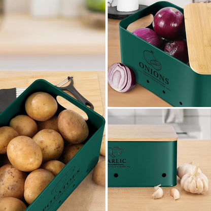 Kitchen Vegetable Storage Set of 3, Metal Onion Garlic Potato Storage Set, Kitchen Canisters Vegetable Keeper Containers with Aerating Holes and Wooden Lid (Alpine Green)