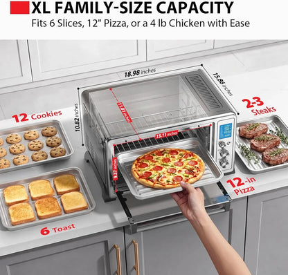 10-In-1 Convection Toaster Oven, 6-Slice Countertop Oven, 1500W with Toast, Bake, Broil, Rotisserie & Pizza Functions, LCD Knob Controls, 6 Accessories, Stainless Steel