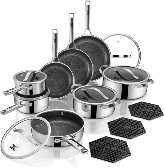 Pots and Pans Set Hybrid Stainless Steel, 17PC Nonstick Tri-Ply Cookware Set W/Frying Pan, Dishwasher & Oven Safe, Pfoa-Free, Metal Utensil Safe, Suitable for All Cooktops