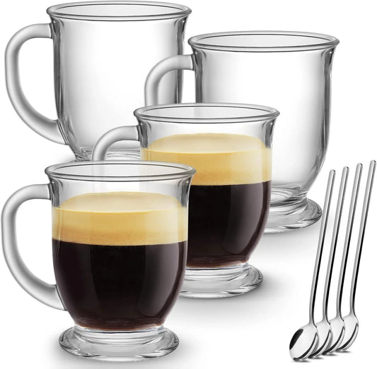Glass Coffee Mugs Set of 4, Clear Large Coffee Mug 15 Oz with Handles for Hot Beverages, Clear Mugs for Tea, Cappuccino, Latte, Espresso Coffee, Juice, Glass Coffee Cups | Large Coffee Mug, with Handles, for Hot Beverages, Clear Mugs, for Tea, Cappuccino