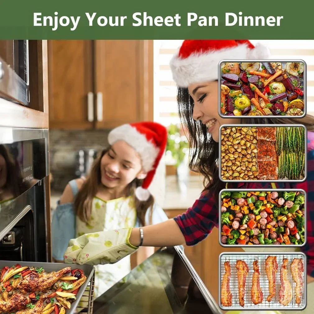 Baking Sheet with Rack Set (2 Pans + 2 Racks), Stainless Steel Cookie Sheet with Cooling Rack, Nonstick Baking Pan, Warp Resistant & Heavy Duty & Rust Free, Size 16 X 12 X 1 Inches