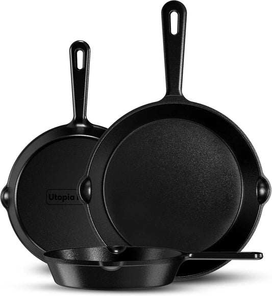 Cast Iron Skillets 3 Piece Set, Chefs Pan, Pre Seasoned Cast Iron Skillets, 6, 8 & 10 Inches, Easy Use in the Oven, Stove, Grill, or Campfire, Black