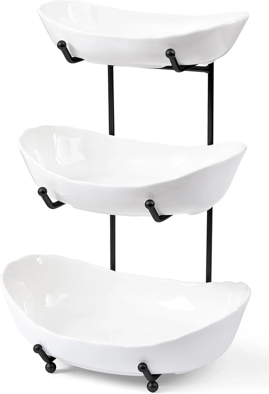 Fruit Bowl for Kitchen Counter - 3 Tier Ceramic Fruit Rack, Fruit Basket for Fresh Fruit&Veggies, Tiered Fruit Platter Serving Trays for Party
