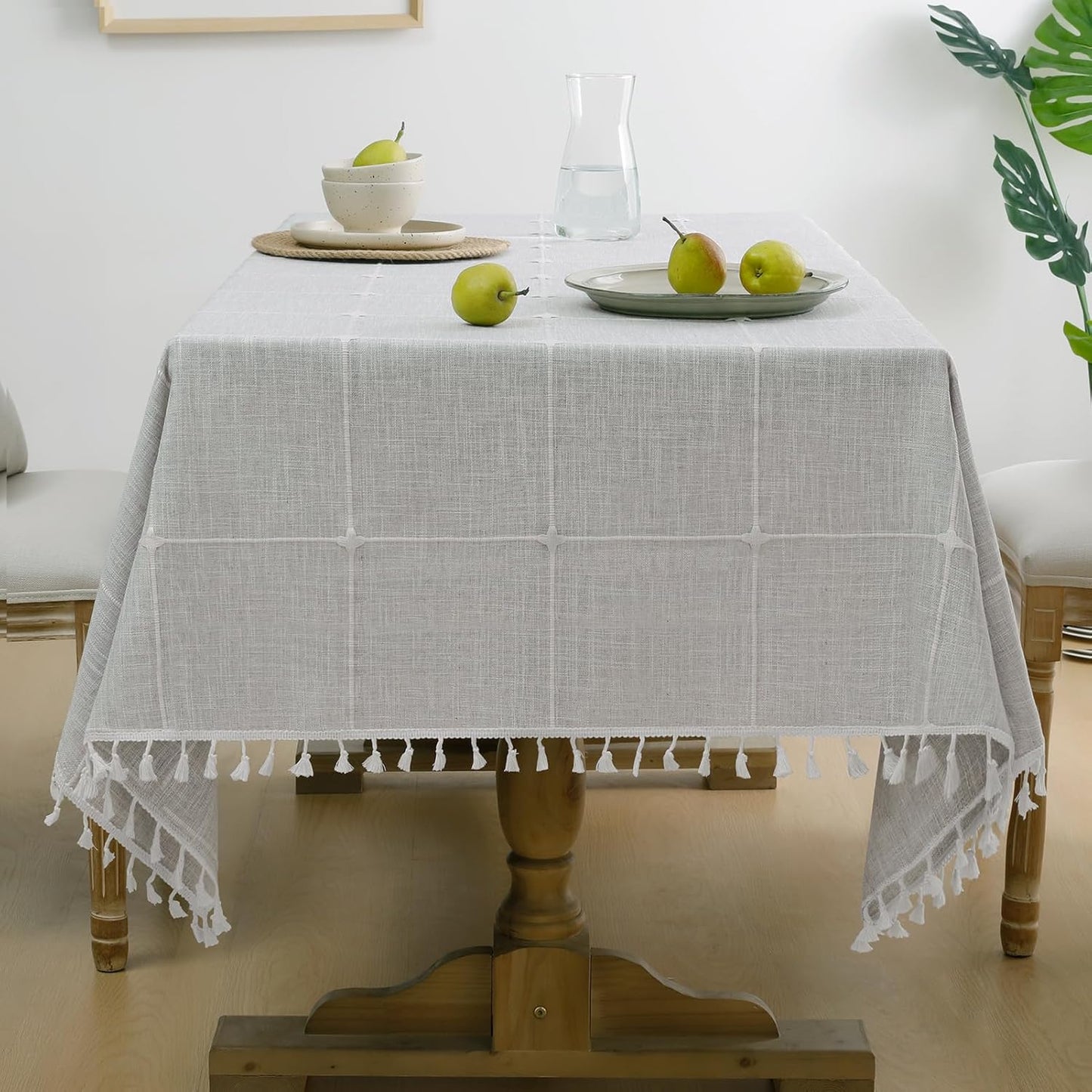 Outdoor Tablecloth Rectangle, Waterproof Linen Cotton Farmhouse Table Cloths with Tassel, Heavy Weight Wrinkle Free Boho Table Cover for Picnic Camping Dining - 55 X 70 Inch, Grey Plaid