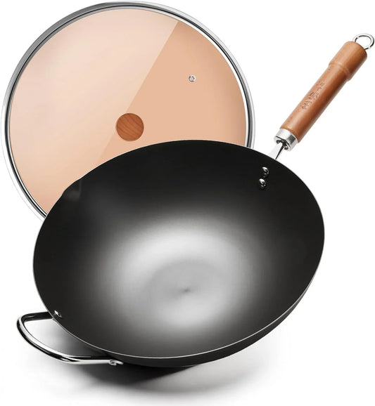 Iron Wok,12.59 Inch Woks for Stir-Fry, Chinese Stir Fry Pan Uncoated, Traditional Flat Bottom Iron Pot for Induction, Electric, Gas, Suitable for All Stoves(Pure Iron Wok)
