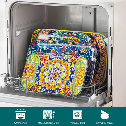 Serving Platters Set of 3, 16"/14"/12" Inch Rectangular Trays - Extra Large, Ceramic Bohemian Serving Dish for Entertaining Food, Microwave & Dishwasher Safe, Vintage