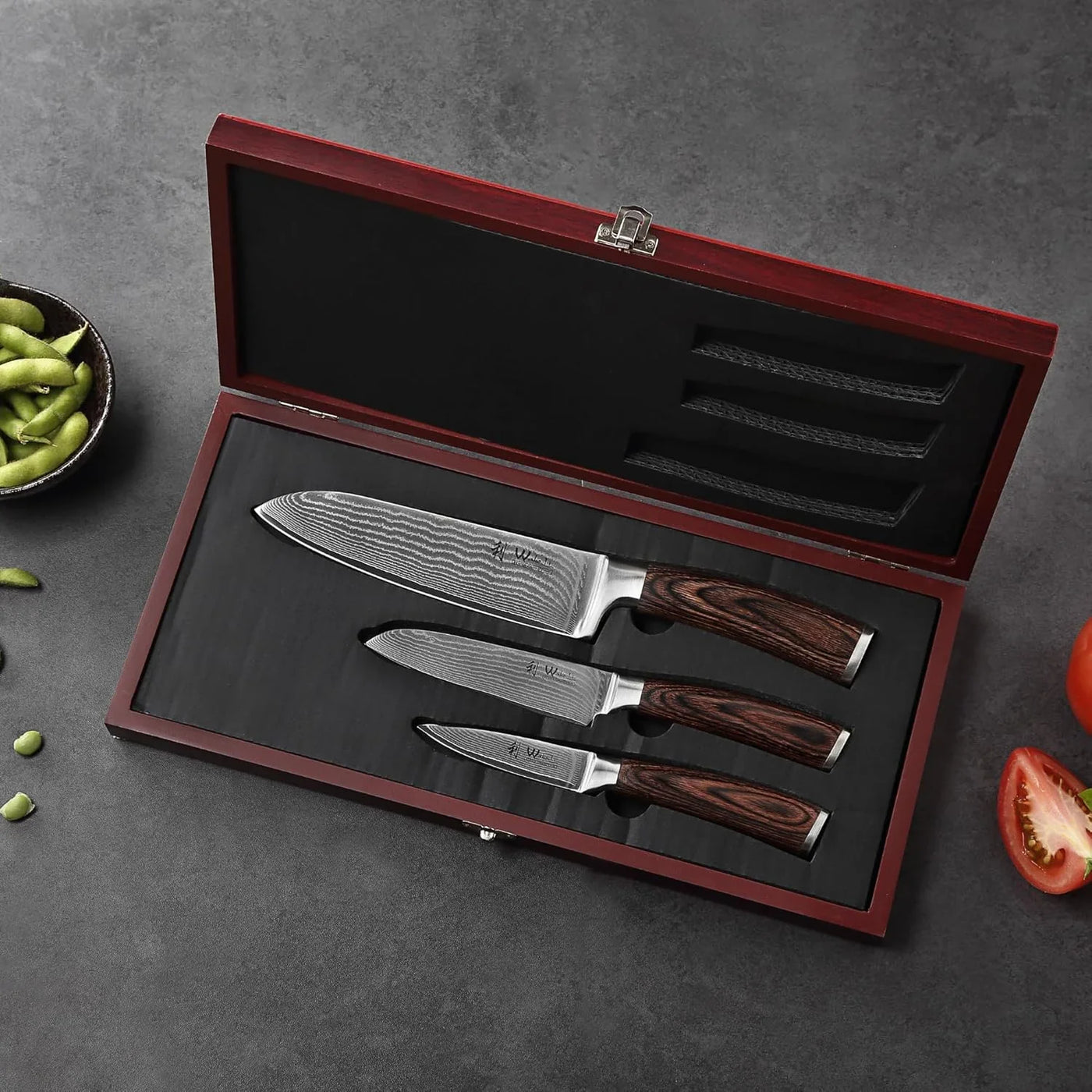 EDIB 3-Piece Damascus Kitchen Knife Set in Wooden Gift Box, Razor Sharp Genuine Damascus Steel (VG10 Core), Includes Santoku, Small Santoku and Paring Knife, Ergonomic Pakkawood Handle