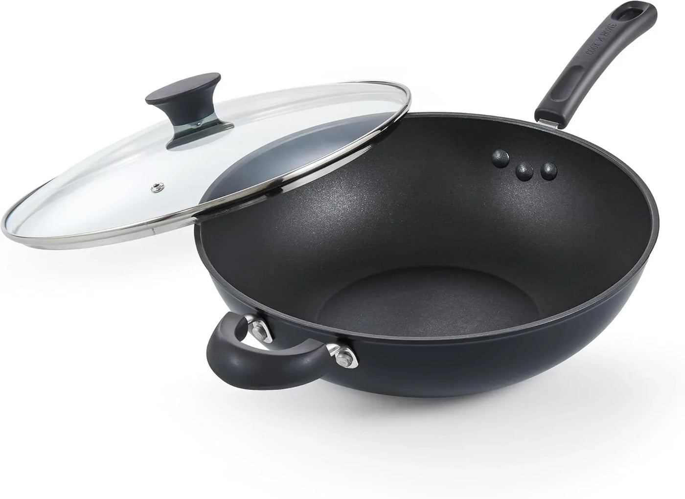Hard Anodized Nonstick Wok with Lid 12-Inch, Non Stick Stir-Fry Pan, Flat Bottom Wok Pan, Induction Cookware, Black