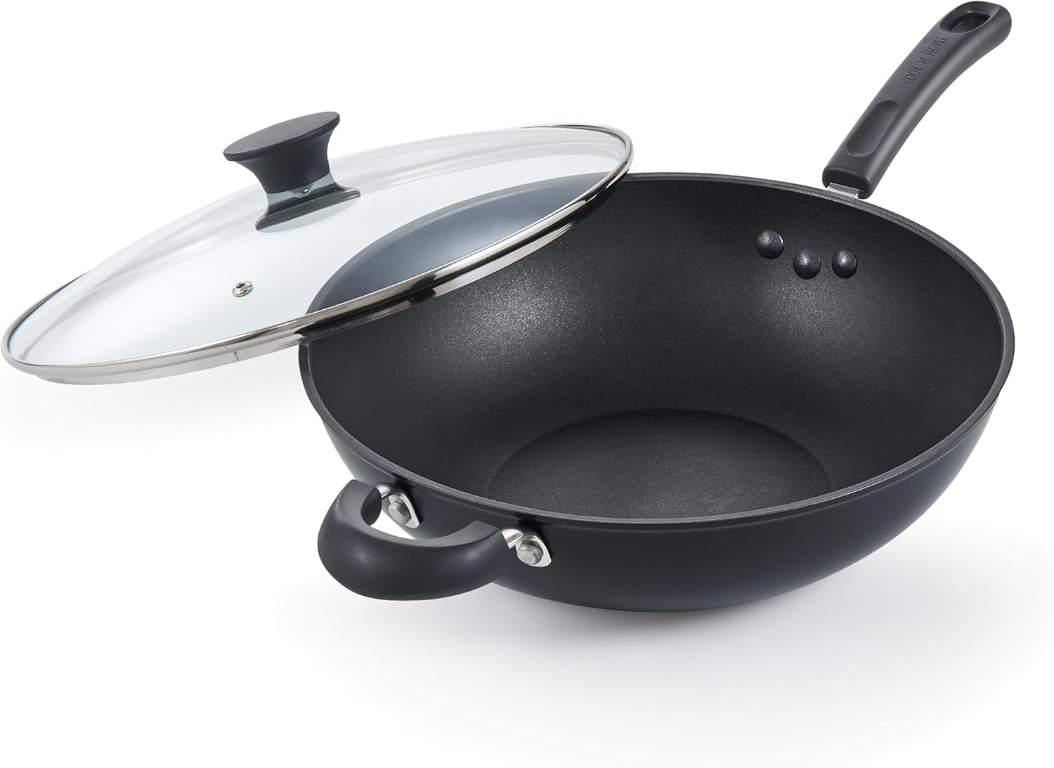 Hard Anodized Nonstick Wok with Lid 12-Inch, Non Stick Stir-Fry Pan, Flat Bottom Wok Pan, Induction Cookware, Black