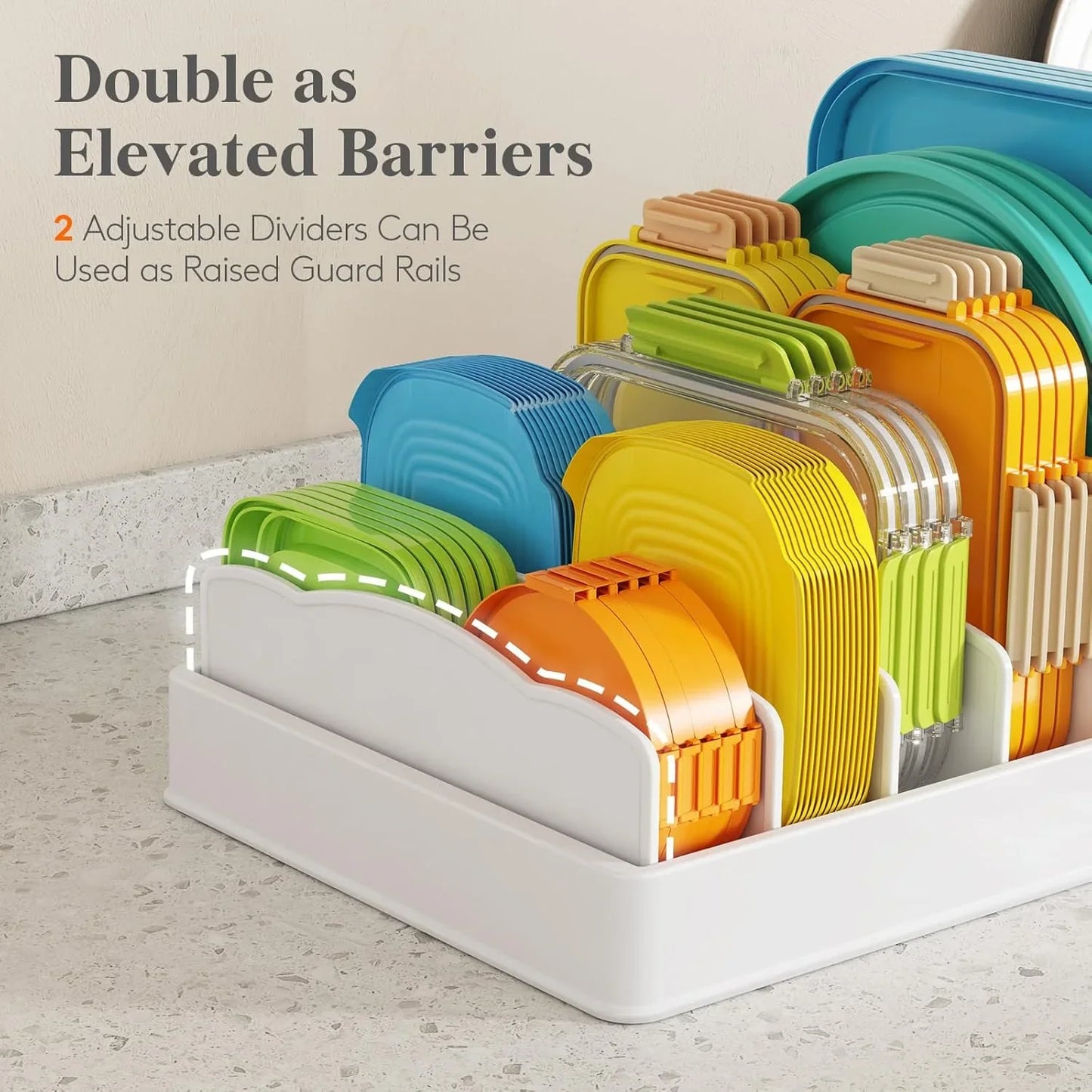 Kitchen Cabinet Organizer for Food Contanier Lid, Lid Holder with 6 Adjustable Dividers & 7 Sections for Pantry Organizers and Storage, Home Drawer Organization, Large, 13" X 10"
