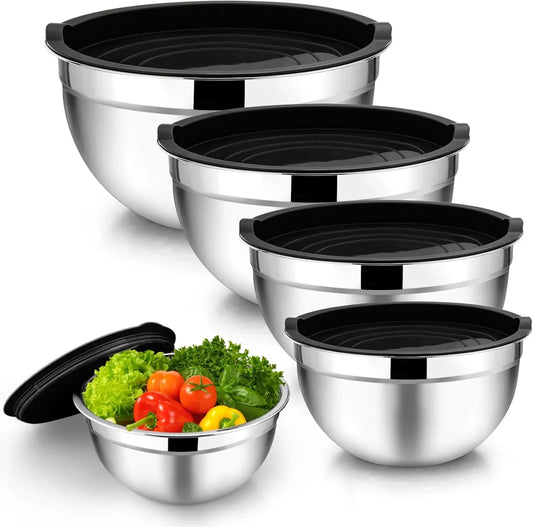 Mixing Bowl Set of 5, 4.5/3/1.5/1/0.7 QT, Stainless Steel Metal Nesting Salad Bowl with Lid Set, Ideal for Mixing Serving, Non-Toxic & Sturdy, Airtight Lid & Easy Clean, Black