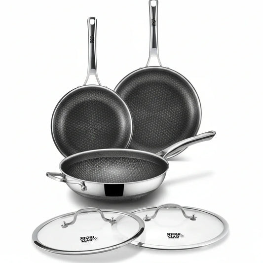Snow Clad nonstick cookware set with stainless steel pans and glass lids for everyday cooking