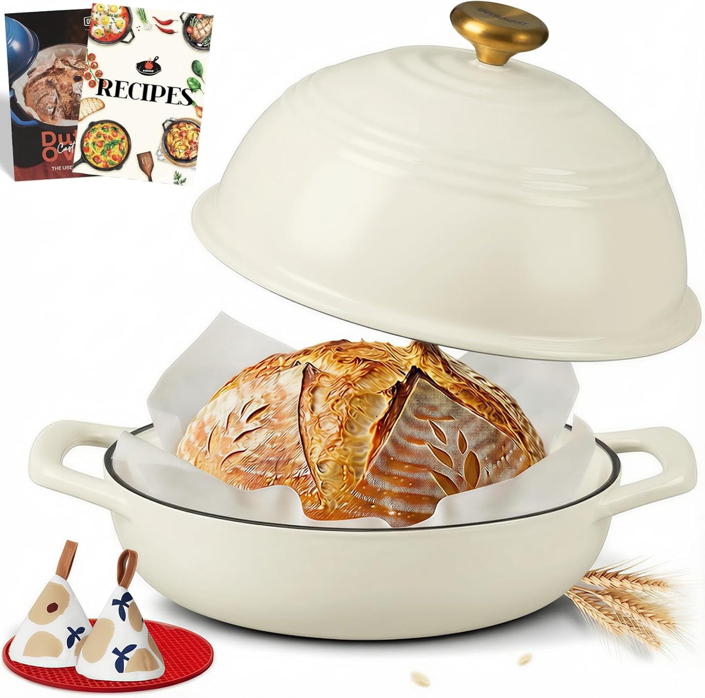 Enameled Cast Iron Bread Oven - 6QT Bread Dutch Oven for Sourdough Baking - Bread Pot with Dome Lid Cotton Potholders & Cookbook - Multi-Functional Bread Pan for Baking Frying Roasting