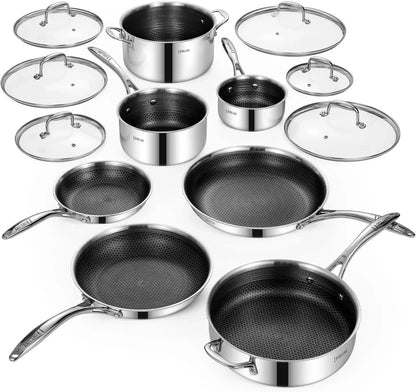 Stainless steel cookware set with glass lids and nonstick interiors for everyday cooking
