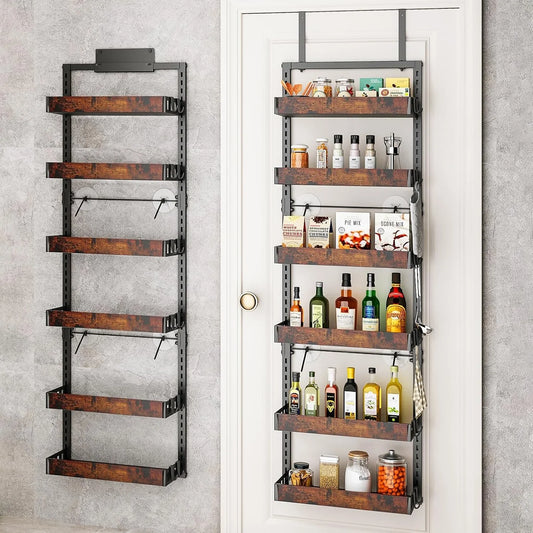 over the Door Pantry Organizer, 6-Tier Adjustable Wooden Basket Kitchen Pantry Door Organization and Storage, Heavy-Duty Metal Hanging Kitchen Spice Rack, D6.3 X W17.71 X H50.60 Inch, 1 Pack