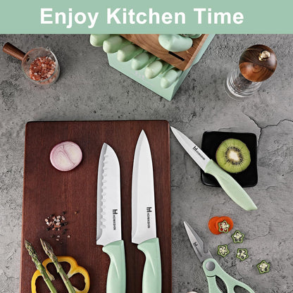 Knife Set,  15 Pieces Kitchen Knife Set with Built in Knife Sharpener, High Carbon German Stainless Steel Knife Block Set, Hand Wash Safe Knives Set, Green