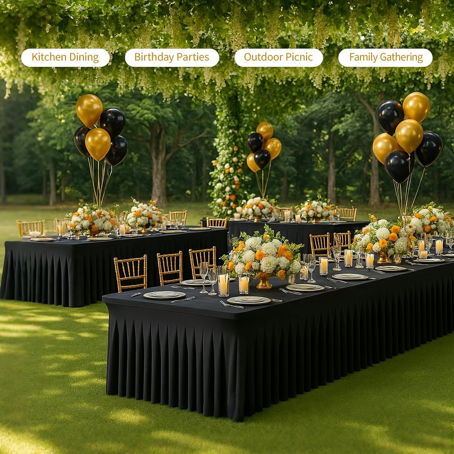 2 Pack Black Spandex Table Covers 6 Foot, Fitted Stretch Tableclothes 30X72 Inch, Wrinkle Free 6FT Fitted Table Clothes with Skirt for Party, Banquet, Wedding and Events