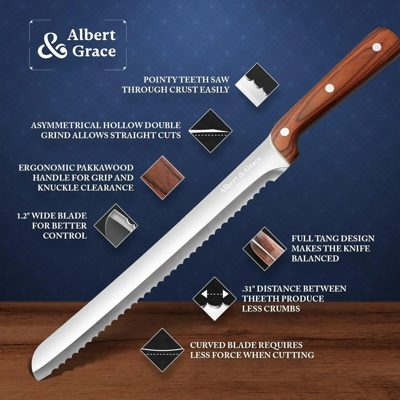 Albert & Grace serrated bread knife with ergonomic Pakkawood handle, ideal for kitchen slicing tasks