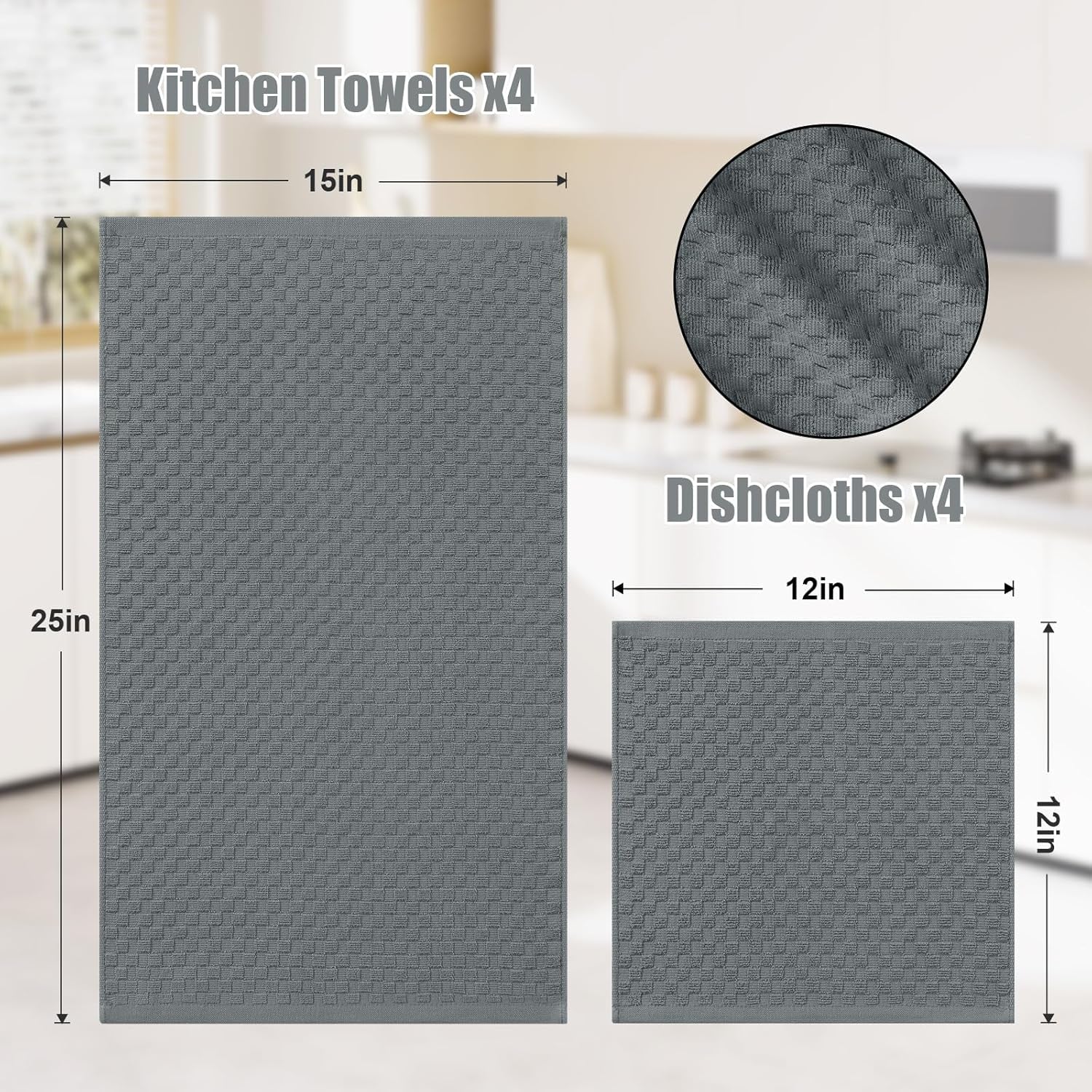 100% Cotton Kitchen Towels and Dishcloths Set, 12 X 12 & 15 X 25 Inches, Set of 8 Bulk Terry Cloth Dish Towels, Super Soft and Absorbent Hand Towel with Hanging Loop, Dark Grey