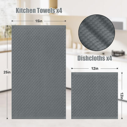100% Cotton Kitchen Towels and Dishcloths Set, 12 X 12 & 15 X 25 Inches, Set of 8 Bulk Terry Cloth Dish Towels, Super Soft and Absorbent Hand Towel with Hanging Loop, Dark Grey