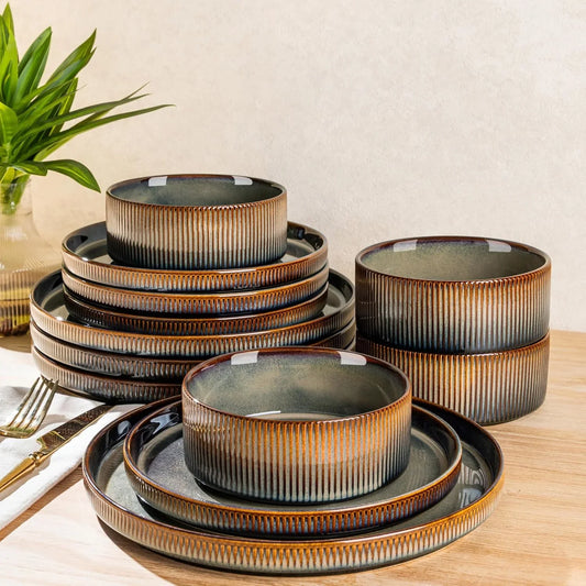Ceramic Dinnerware Sets for 4, 12 Pieces Porcelain Lightweight Speckled Plates and Bowls Sets, Scratch Resistant Dish Set, Oven & Microwave & Dishwasher Safe, Coca Mocha