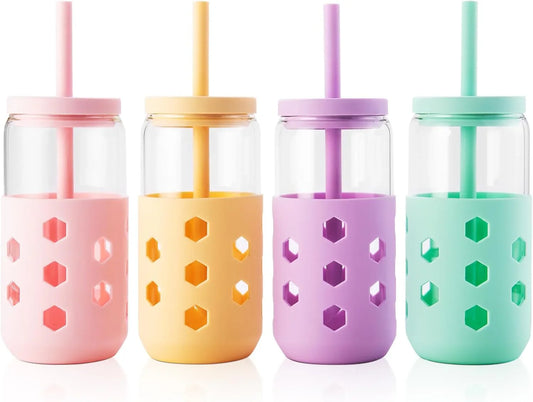 Glass Cups with Lids and Straws (4 Pcs), 16Oz Drinking Glasses Set with Silicone Sleeves for Coffee Bar Accessories Iced Coffee Cups with Lids, Glass Tumbler Reusable for Gifts
