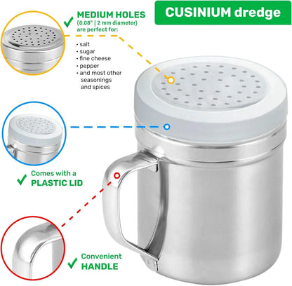 Metal Salt Pepper Dredge Shakers - with Handle - Seasonings Spice Shakers with Holes and Lids - 10 Ounce, 2Pcs | Style: Medium