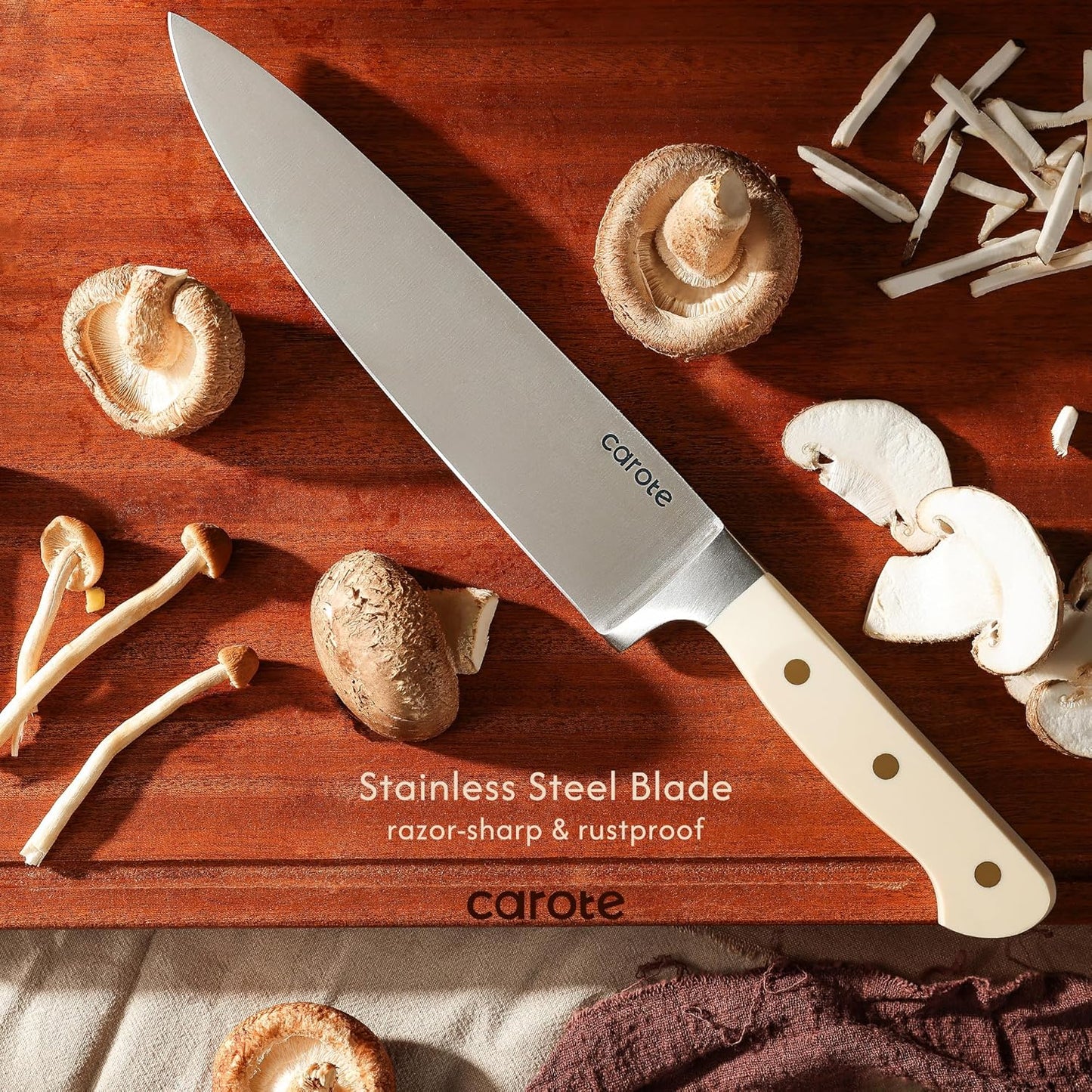 11 Pieces Knife Set with Block for Kitchen, Stainless Steel Razor-Sharp Blade, Triple Riveted Ergonomic Handle, Wooden Magnetic Block, Essential Knife Block Set, Beige