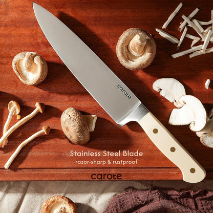 11 Pieces Knife Set with Block for Kitchen, Stainless Steel Razor-Sharp Blade, Triple Riveted Ergonomic Handle, Wooden Magnetic Block, Essential Knife Block Set, Beige
