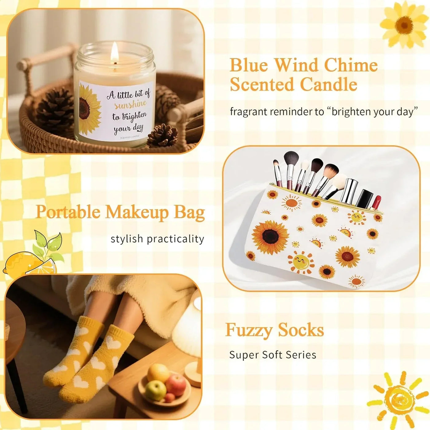 Sunflower-themed scented candle, makeup bag, and fuzzy socks for cozy home comfort