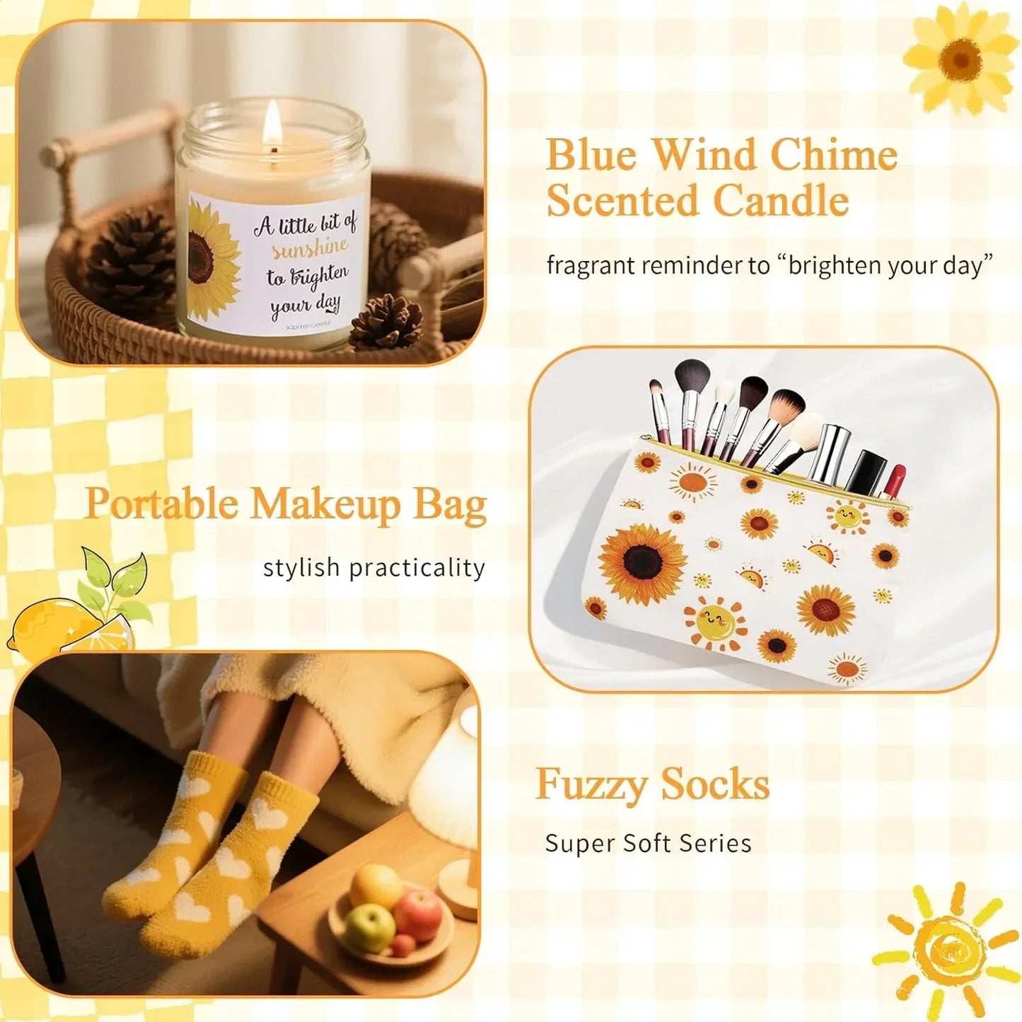 Sunflower-themed scented candle, makeup bag, and fuzzy socks for cozy home comfort