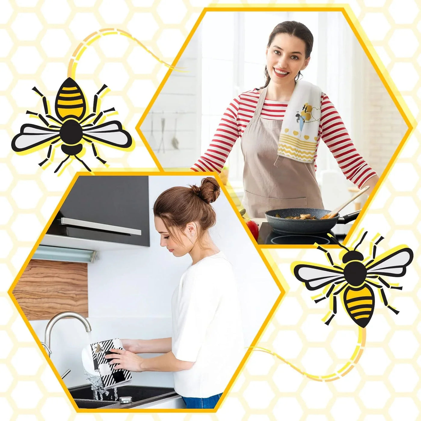 4 Pcs Bee Kitchen Tea Towel Honey Bee Dish Towels Honeycomb Bath Washcloth Hand Polyester Absorbent Cloths Accessories for Kitchen Decor, 16 X 24 Inch(Black Yellow,Honeycomb)