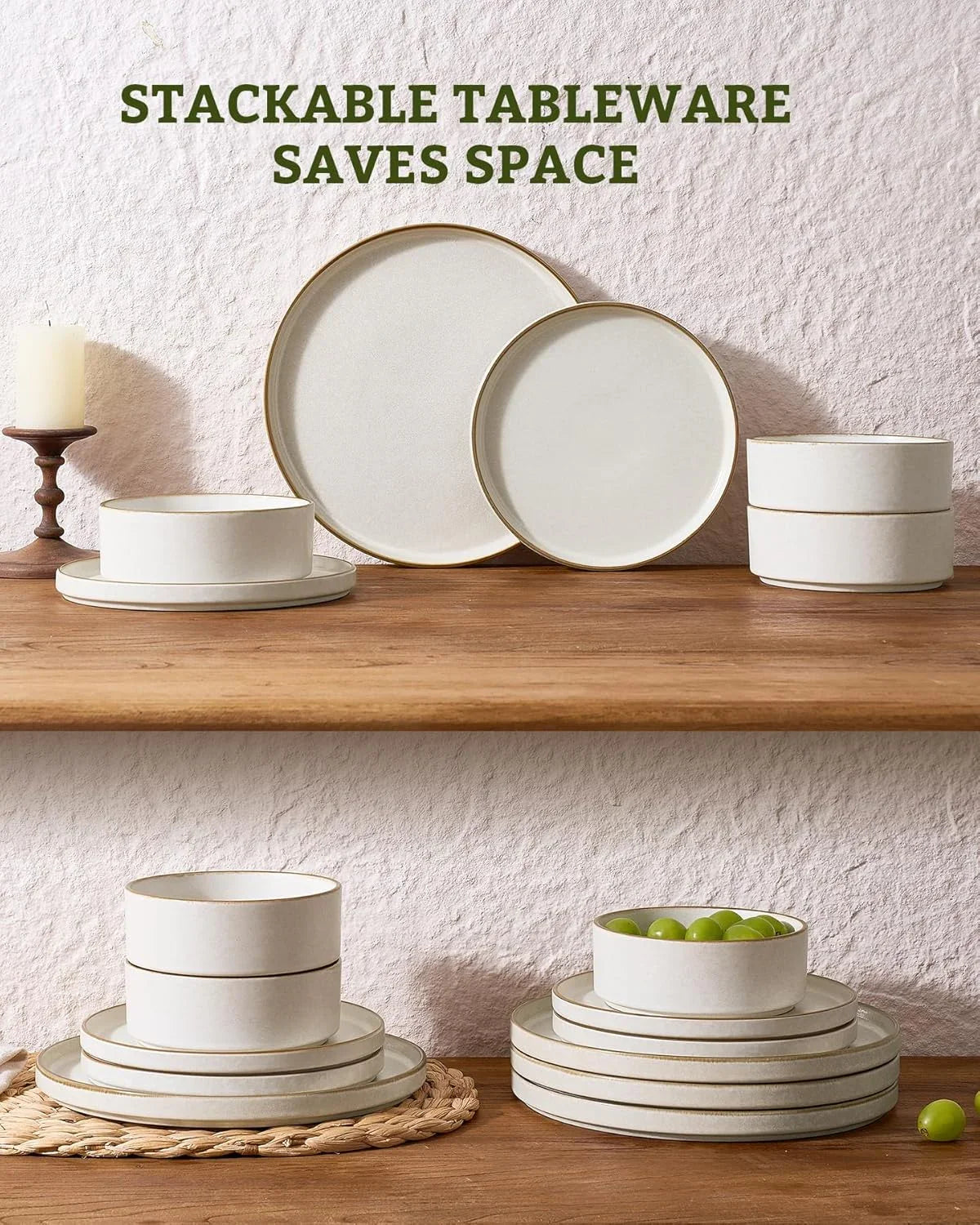 Nebula Plates and Bowls Sets, 12 Pieces Stoneware Dinnerware Sets, Reactive Glaze Dish Set, Dishes Set for 4, Matte Beige White with Brown Rim