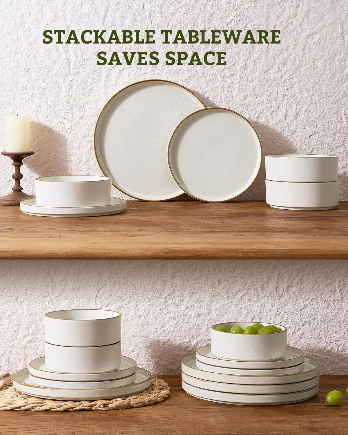 Nebula Plates and Bowls Sets, 12 Pieces Stoneware Dinnerware Sets, Reactive Glaze Dish Set, Dishes Set for 4, Matte Beige White with Brown Rim