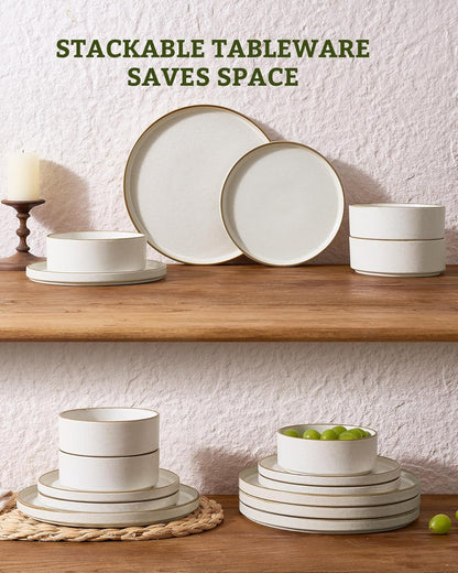 Nebula Plates and Bowls Sets, 12 Pieces Stoneware Dinnerware Sets, Reactive Glaze Dish Set, Dishes Set for 4, Matte Beige White with Brown Rim