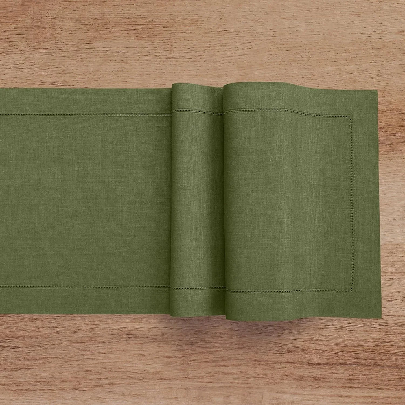 Linen Olive Table Runner 90 Inches Long - 100% Pure Linen 14 X 90 Inch Table Runner - Classic Hemstitch