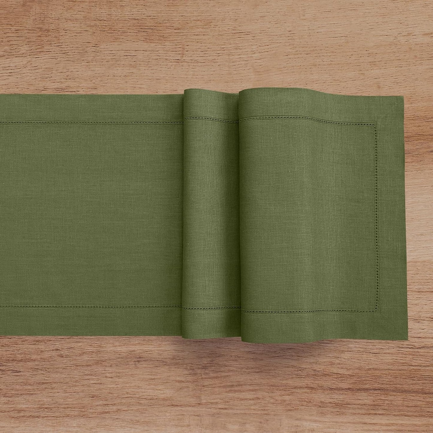 Linen Olive Table Runner 90 Inches Long - 100% Pure Linen 14 X 90 Inch Table Runner - Classic Hemstitch