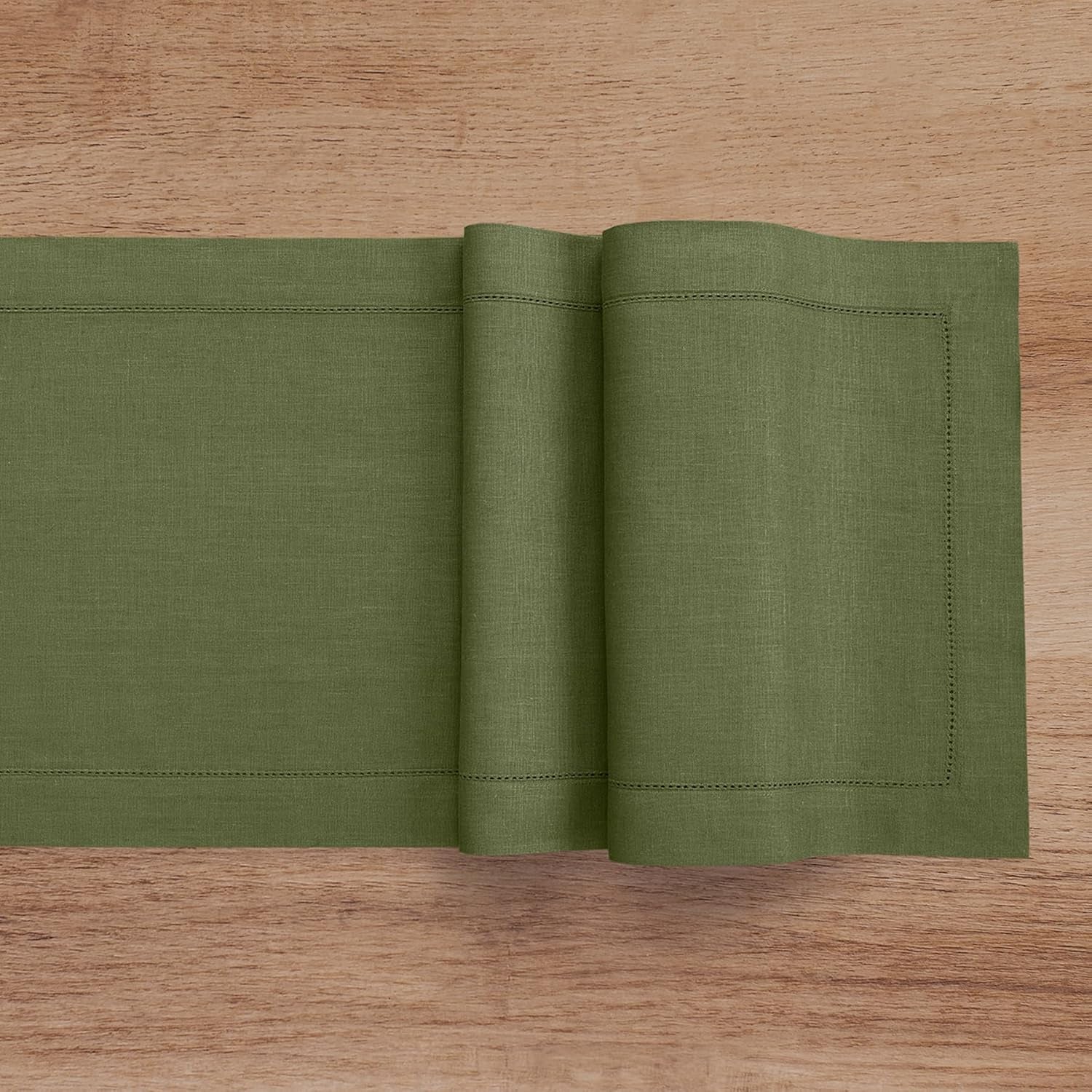 Linen Olive Table Runner 90 Inches Long - 100% Pure Linen 14 X 90 Inch Table Runner - Classic Hemstitch